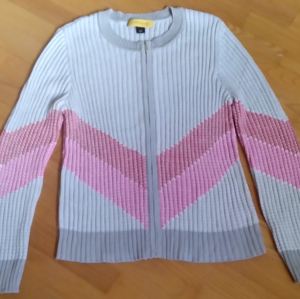 St. John Santana Knit Women's Sweater Large Pink Red Chevzon Print Ribbed Zip-Up - Picture 4 of 12